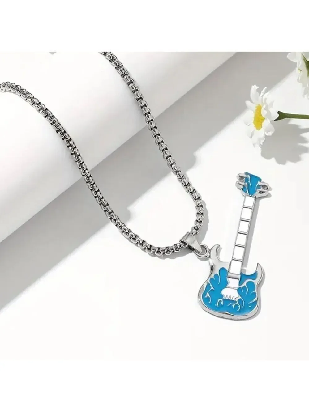 Emerald Green Flaming Guitar with White Neck Rocker Necklace and Pendant 1559